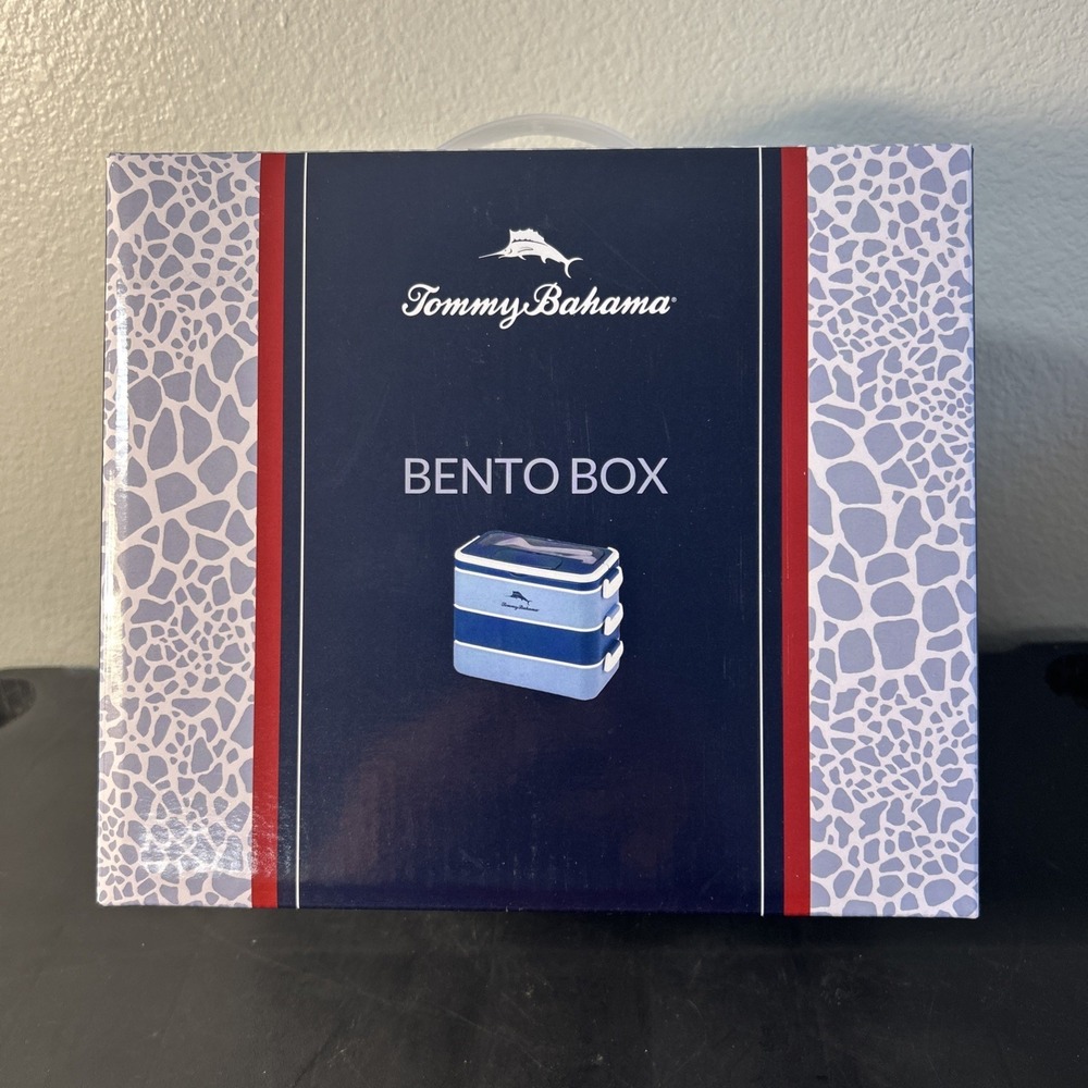 New Tommy Bahama Bento Box 3 Layer Partition Storage Meal Prep Lunch Travel Blue